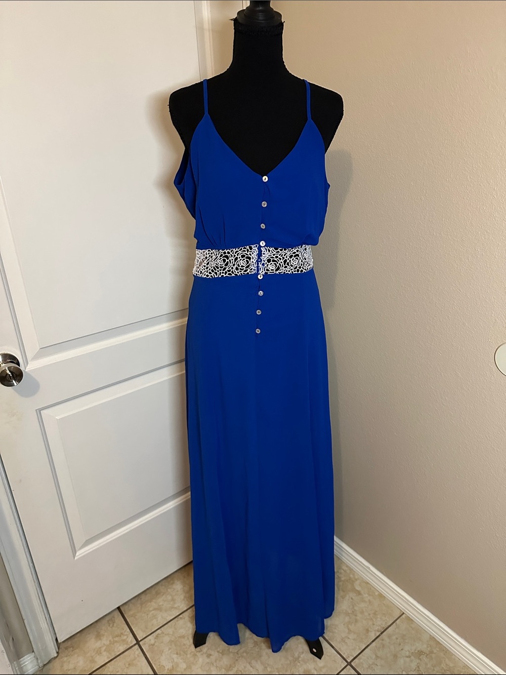 Lulumari Royal Blue Maxi Dress with White Lace-Look Waist